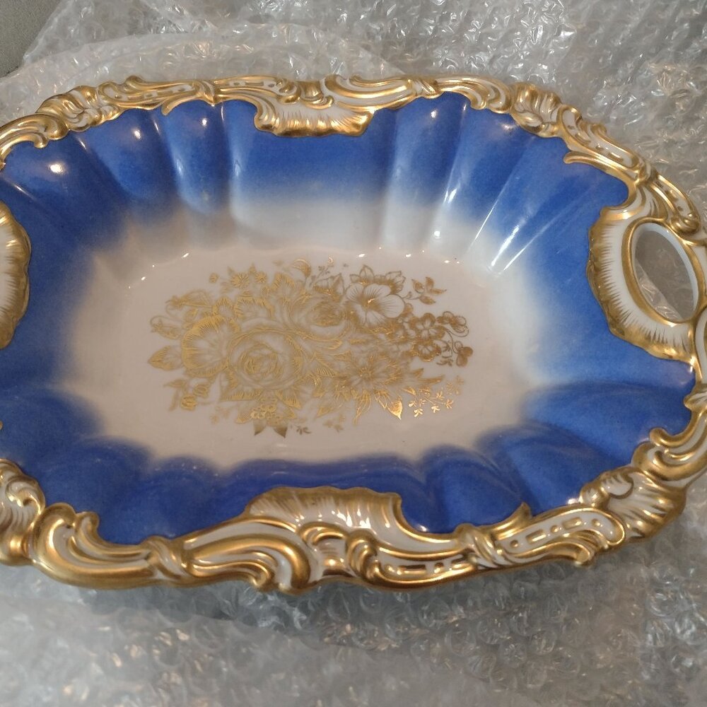 c.1830 KPM Rusk/Wedding Dish- Serving Bowl, Porcelain, Blue and Gold, roses